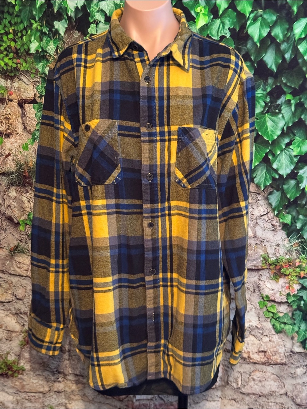 Urban Pipeline Yellow and Navy Plaid Flannel Shirt - Classic Button-Up